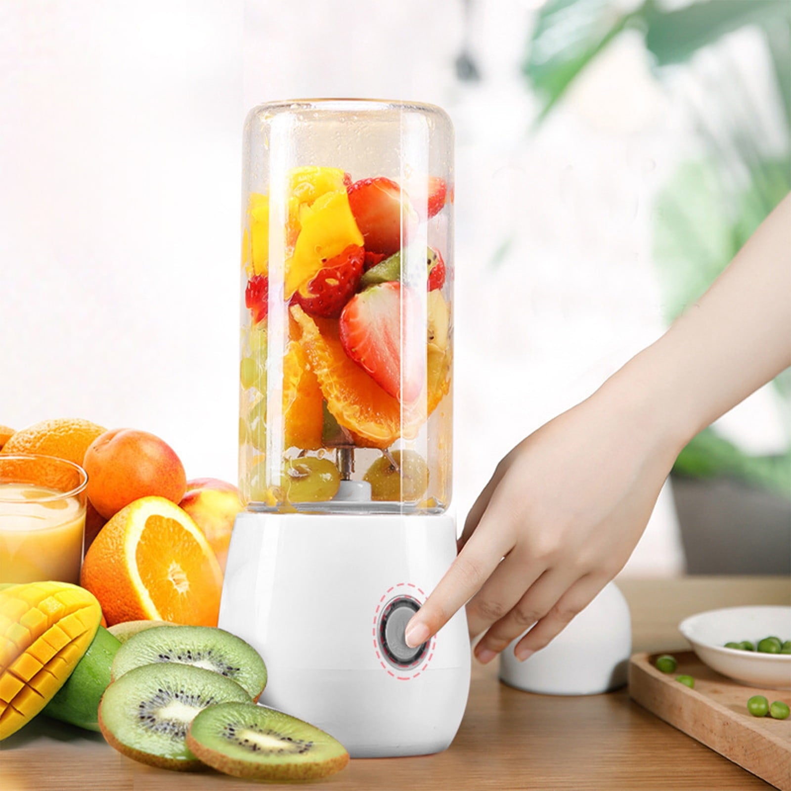 Home Portable USB Rechargeable Juicing Cup, Mini Personal Blender for Fruit Smoothies, 4-Blade Stainless Steel, Leak-Proof Travel Cup, White Pink Decor