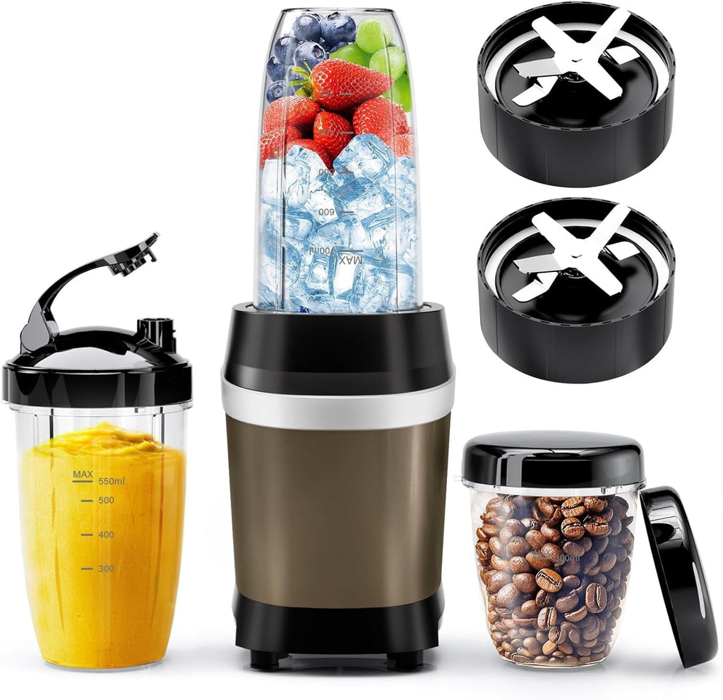 Blender for Smoothies, 1200W Smoothie Blender for Ices Crushing, Blenders with (2) 6-Fin , Personal Blenders for Kitchen with 23oz, 32oz, 37oz Easy Go Cups for Juices, 1200W, Brown