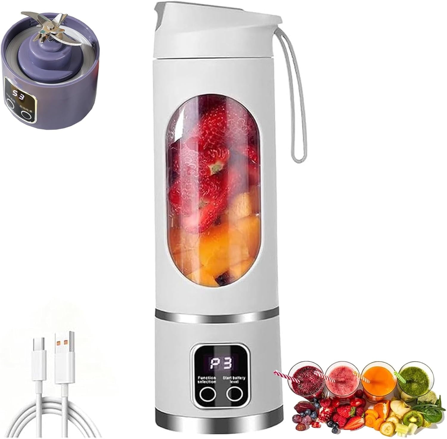 Digital Display Juicer, Digital Multimode Juicer Blender, Portable USB Rechargeable Juice Blender for Smoothies Liquid Diet, Shakes