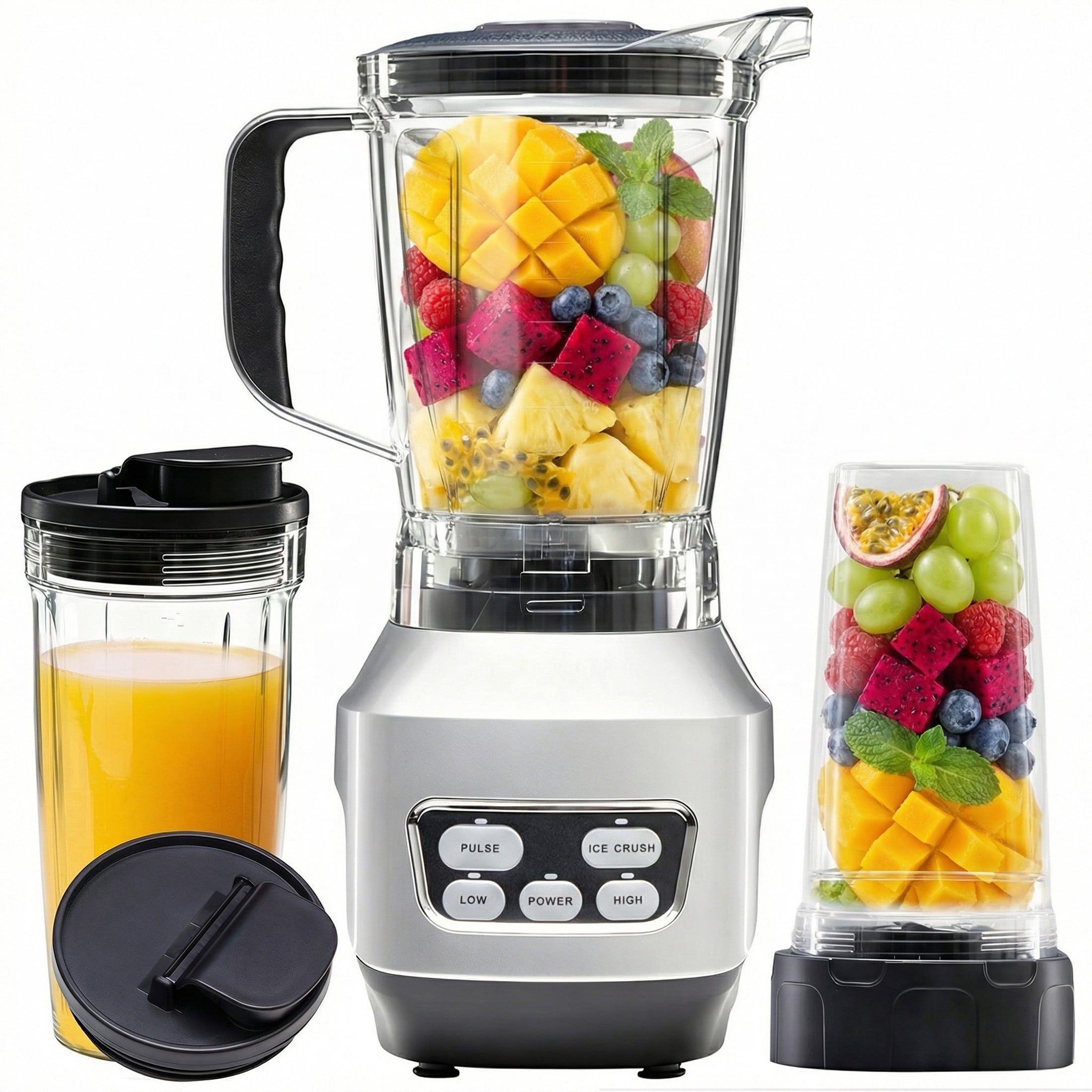 1L Stainless Steel Blender 800W 120V 60Hz Silver with 3 PCTG Cups(1L/0.7L/0.5L), 1 Travel Lid, 2 Storage Lids &amp; 1 Blending Blade