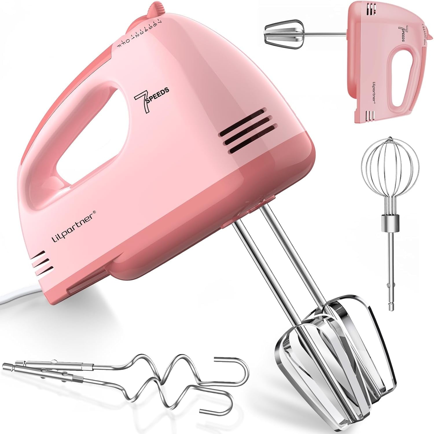 Hand Mixer Electric, Small Food 7 Speeds Handheld Blender,304 *(1* Whisk, 2* Beater, 2*Dough Hook) Kitchen Blender for Cream, Cookies, Dishwasher Safe, Pink