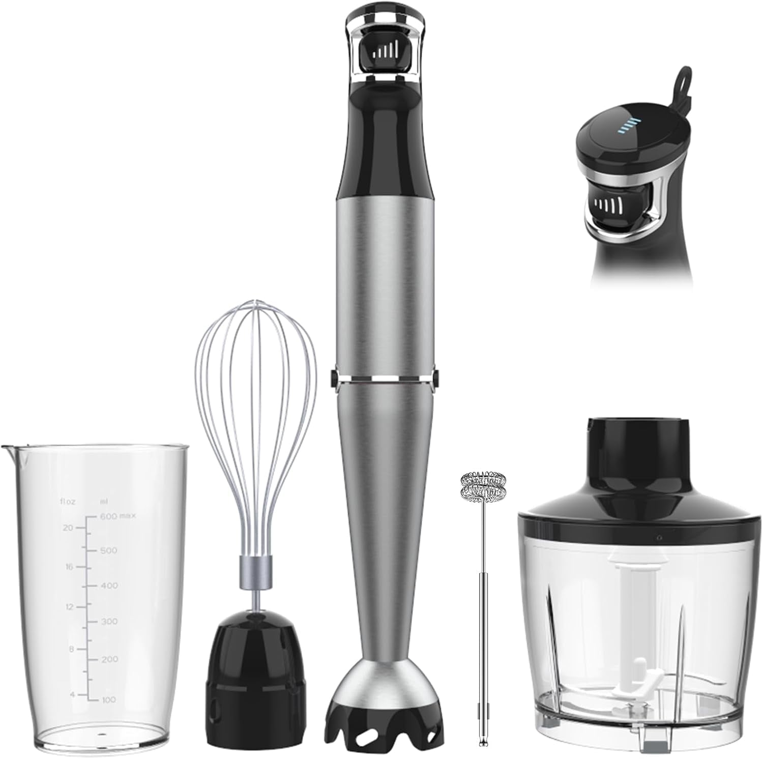 Immersion Blender, 1100W 5-in-1 Hand Blender, Multi-Speed with 600ml Beaker, Chopper, Whisk &amp; Milk Frother, Ideal for Soup, Baby Food, Sauces, Smoothies &amp; Puree