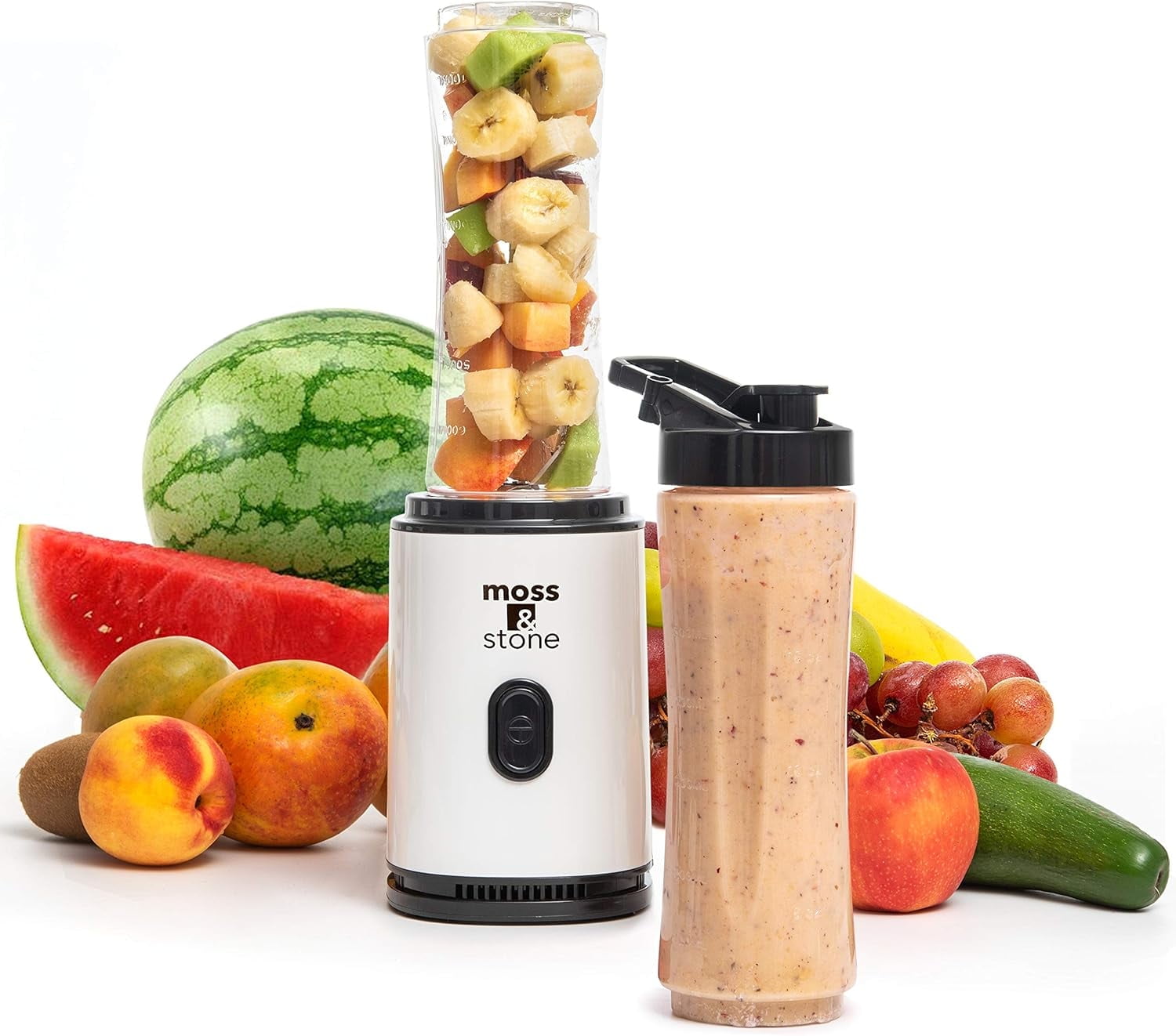 Moss &amp; Stone Personal Blender Single Serve Shake &amp; Smoothies Maker with Portable Travel Sport Bottle - Mini Juicer, White &amp; Black Single Serve Blender for Smoothies and Shakes - Bottle 20 oz