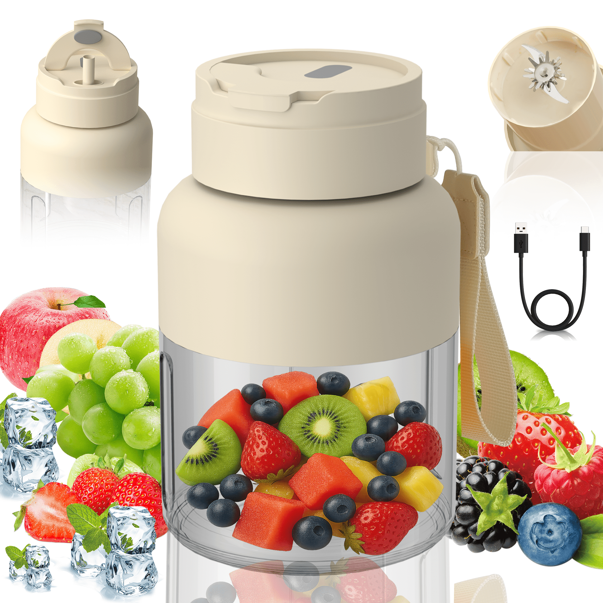 Portable Mini Smoothie Blender,Small Personal Blender for Smoothies and Shakes,Type-C USB Rechargeable with Blender BPA Free Cup,Lid and Shoulder Strap,Suitable for Gym,Travel,Home,Office