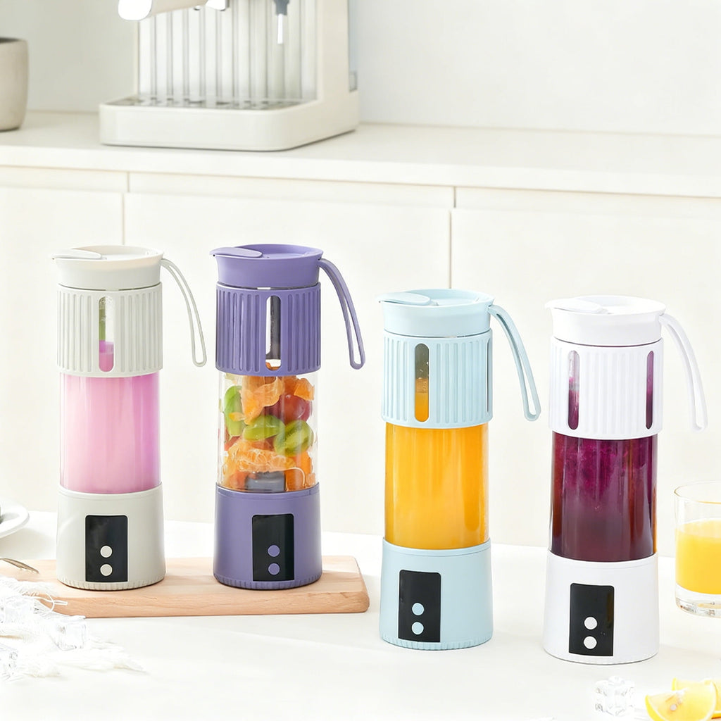 Portable Electric Juicer Blender • 12-Blade Stainless Steel • Glass &amp; Plastic Cup • 9.33x3.15in • Compact Kitchen Food Grinder • Purple White Green Beige