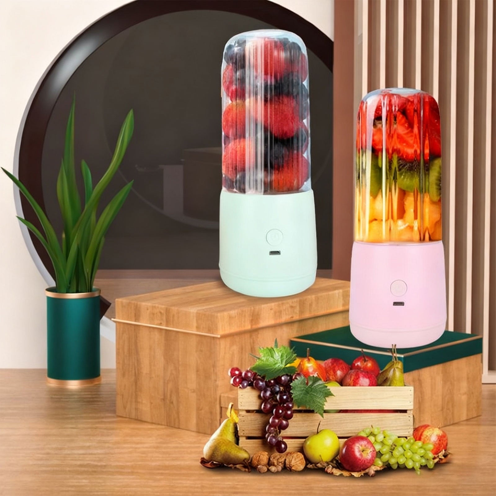 Portable USB Rechargeable Mini Blender | Compact Wireless Juicer | Six-Blade Stainless Steel Cutter | Food Processor | 1 Pc | 19x8cm Green Pink