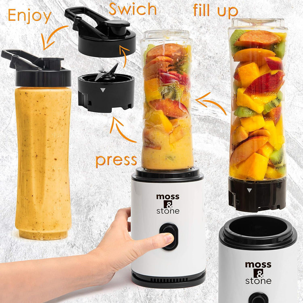 Moss &amp; Stone Personal Blender Single Serve Shake &amp; Smoothies Maker with Portable Travel Sport Bottle - Mini Juicer, White &amp; Black Single Serve Blender for Smoothies and Shakes - Bottle 20 oz