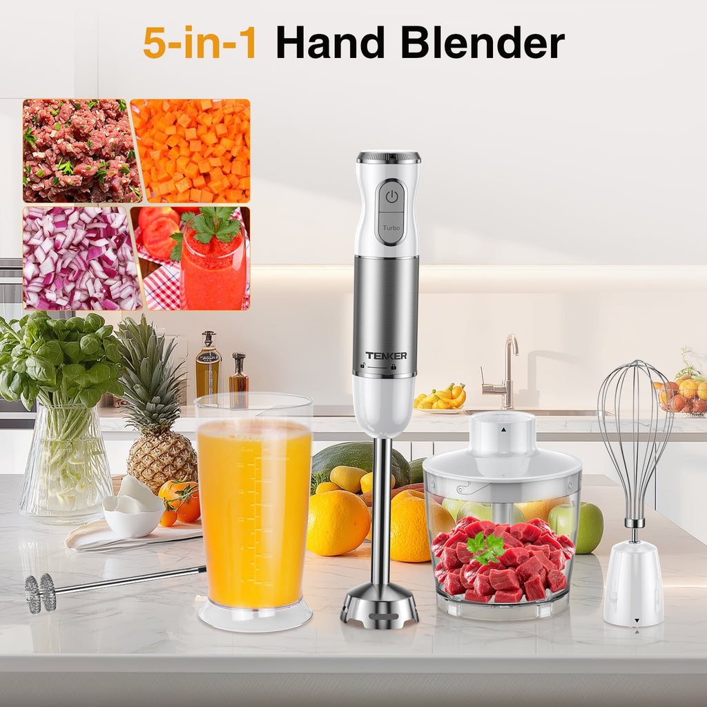 1100W Immersion Blender Handheld Hand Blender , Trigger Variable Speed 5 in 1 Stick Blender, Emulsion Blender with Chopper, Whisk and Frother for Soup, Baby Food and Smoothies,Red
