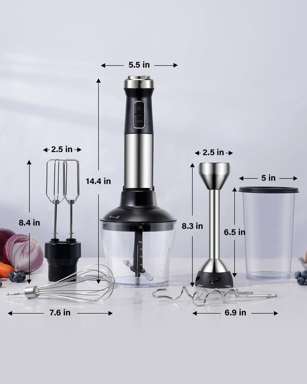 6 in 1 Immersion Blender, 1000W Handheld Hand Blender, 20 Speeds Emulsion Blender with Chopper, Whisk and Frother for Soup, Baby Food and Smoothies, Black