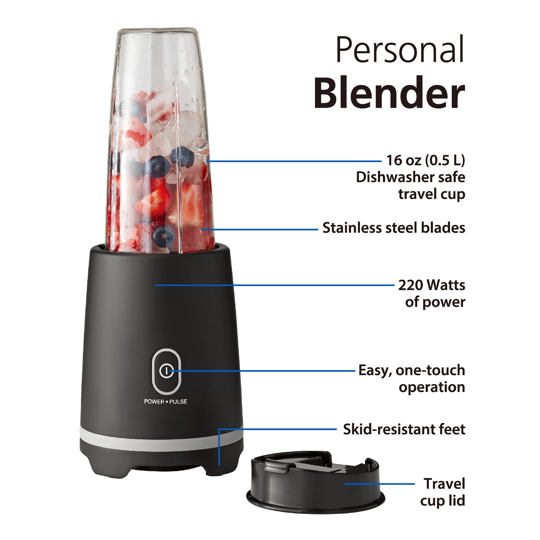 Black Single-Serve Blender with 1 Travel Lid, 16 oz, New