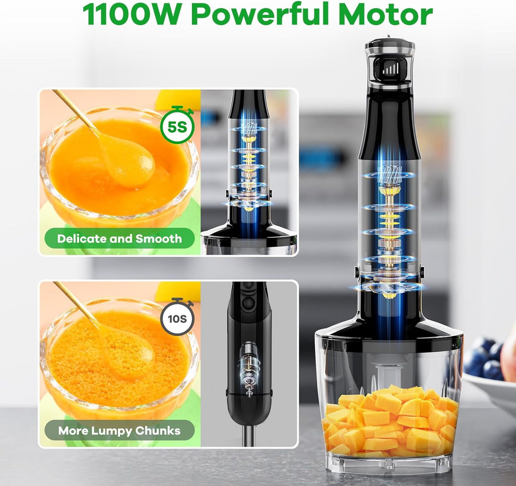 Immersion Blender, 1100W 5-in-1 Hand Blender, Multi-Speed with 600ml Beaker, Chopper, Whisk &amp; Milk Frother, Ideal for Soup, Baby Food, Sauces, Smoothies &amp; Puree