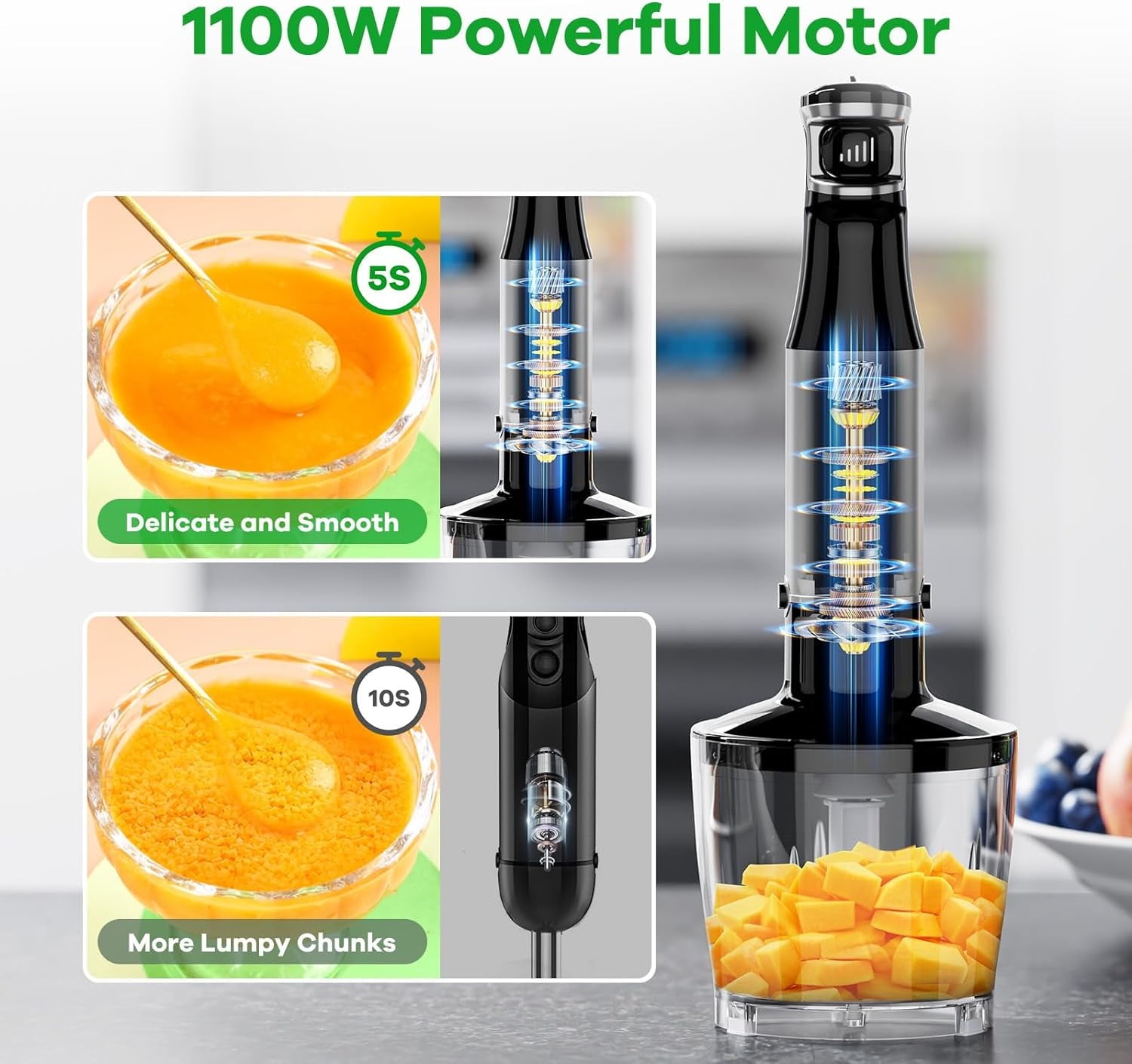 Immersion Blender, 1100W 5-in-1 Hand Blender, Multi-Speed with 600ml Beaker, Chopper, Whisk &amp; Milk Frother, Ideal for Soup, Baby Food, Sauces, Smoothies &amp; Puree