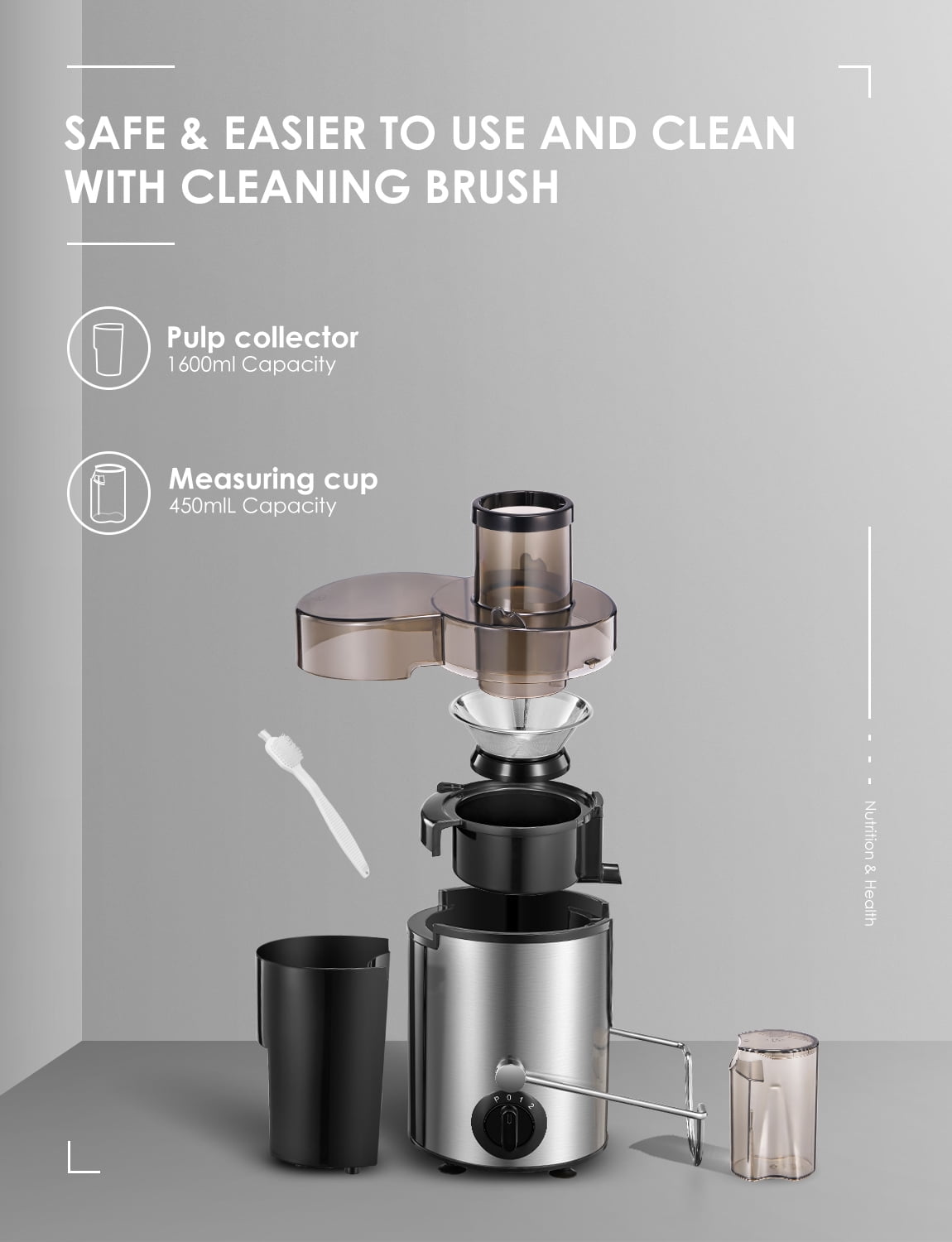 Juicer Machine Wide 3” Feed Chute Juice Extractor Easy to Clean, Pulse Function and 3-Speed Control, Anti-Drip, Silver
