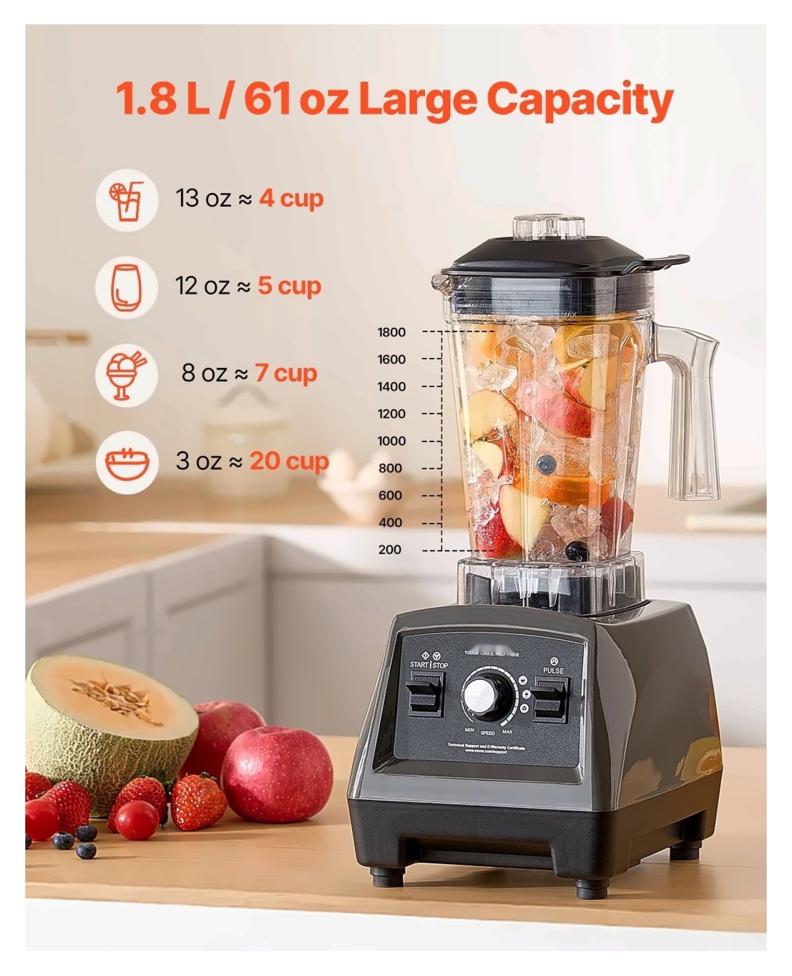 Blender for Smoothies, 61 oz 1400W, Professional Blender with Powerful Motor, Multi-Functional Food Processing Blender with 2 Cups for Smoothie/Milkshake/Juice, Fits for Kitchen