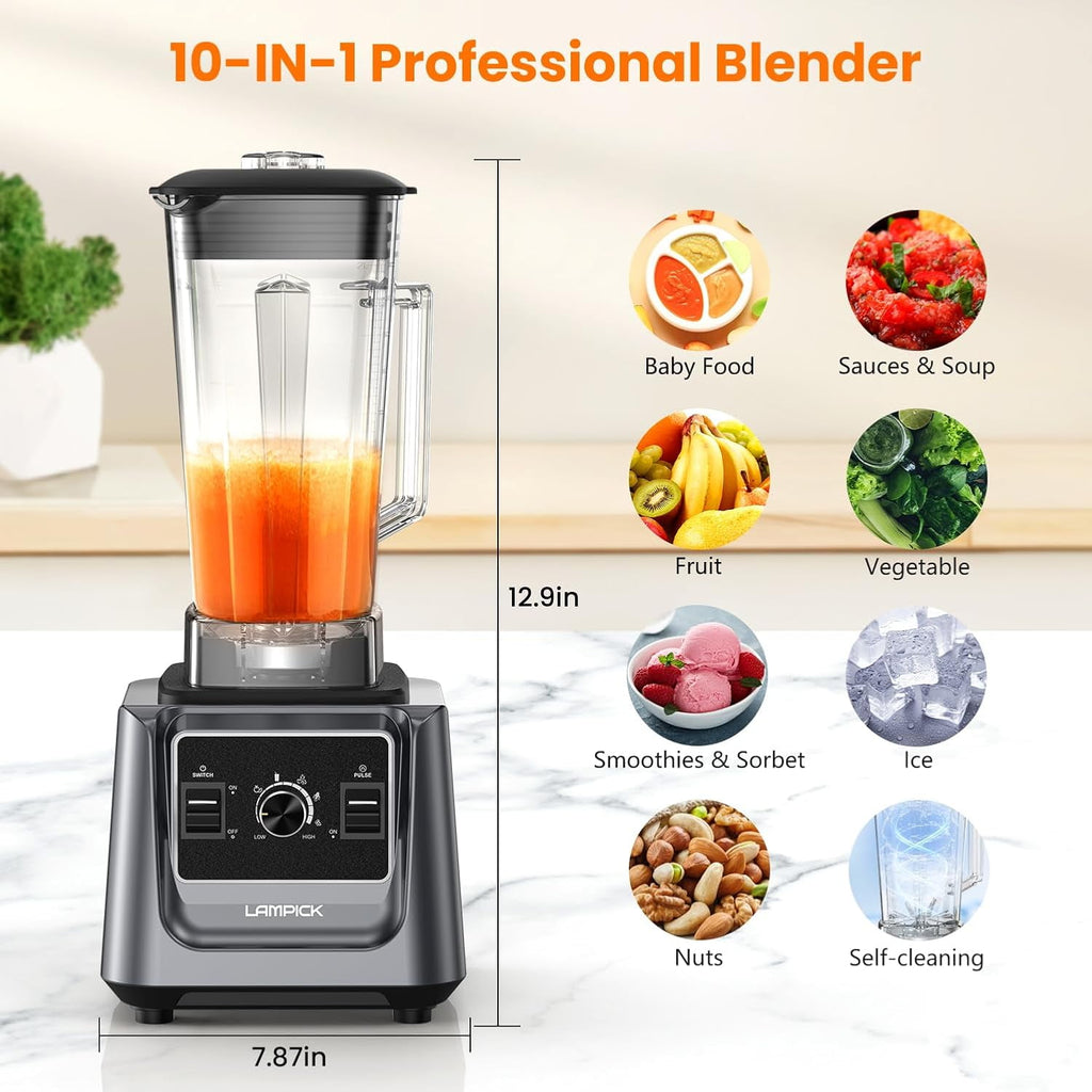 2000W Professional High Speed Blender for Kitchen 68oz Large Pitcher with Travel Cup Crush Ice Blend Frozen Fruit Smoothies Soups Nut Butter Hot Soup Commercial Grade Countertop Blender Dishwasher