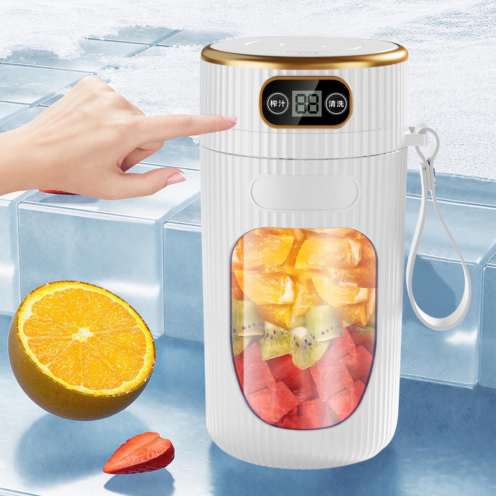 Portable Juicer Machine with Digital Display, 14oz Multifunction Fruit Juicer Cup for Home and Student Use, Kitchen Juicer for Extraction, White