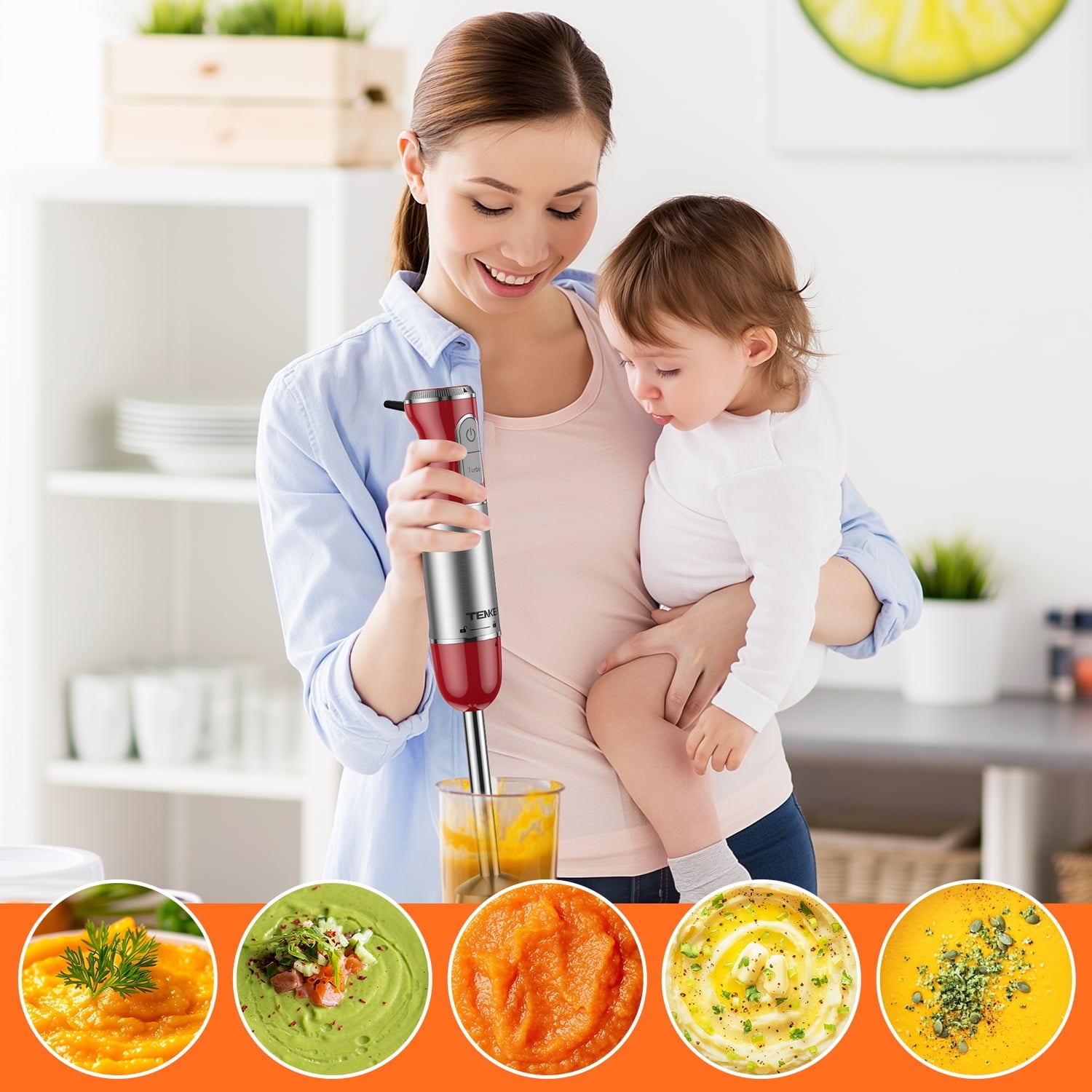 1100W Immersion Blender Handheld Hand Blender , Trigger Variable Speed 5 in 1 Stick Blender, Emulsion Blender with Chopper, Whisk and Frother for Soup, Baby Food and Smoothies,Red