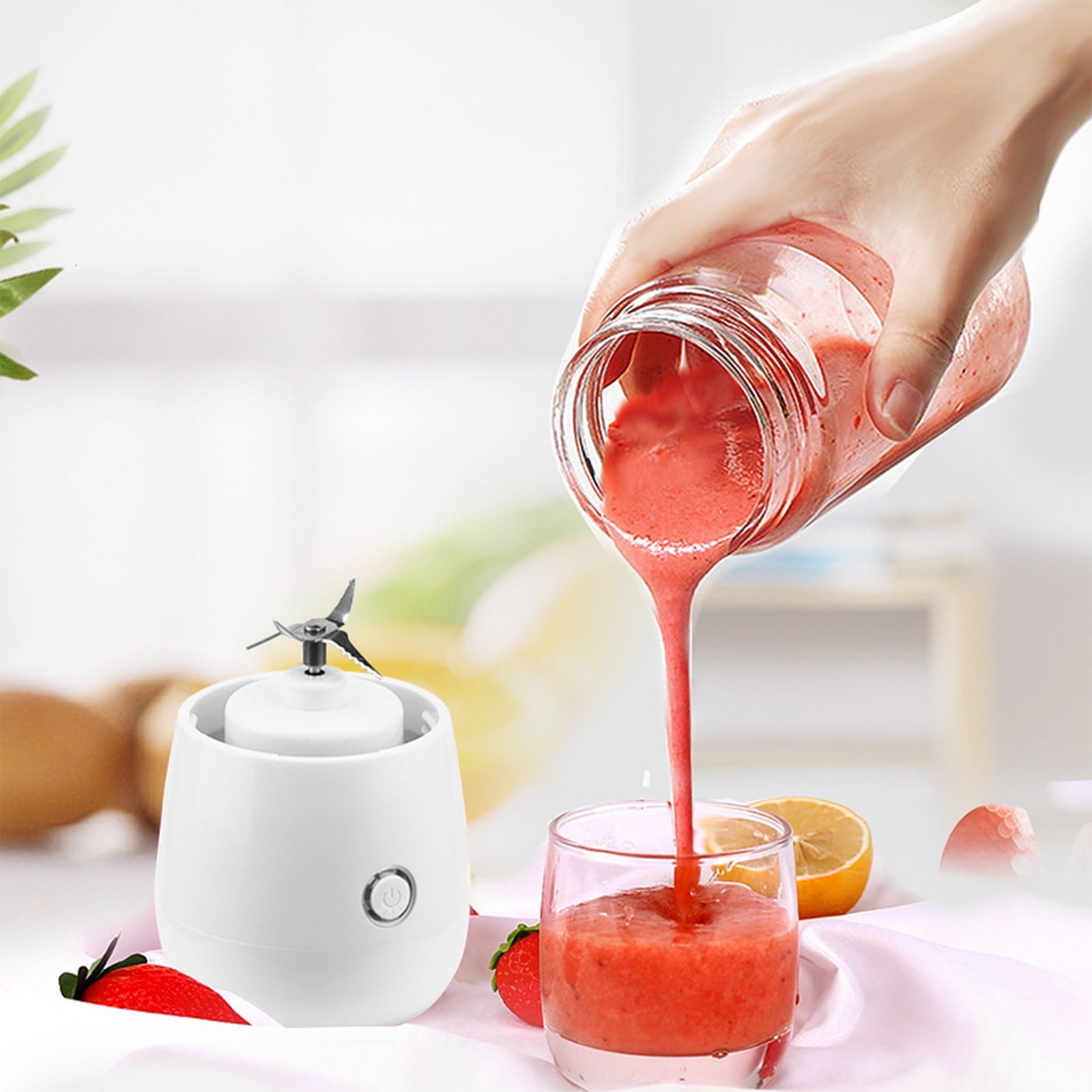 Home Portable USB Rechargeable Juicing Cup, Mini Personal Blender for Fruit Smoothies, 4-Blade Stainless Steel, Leak-Proof Travel Cup, White Pink Decor