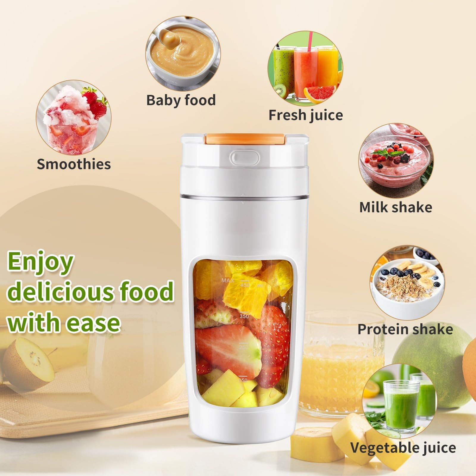 Portable Blender Cup - 20 oz(600ml) Large Capacity, Travel Personal Size Blender for Shakes and Smoothies.High-Speed Multi-Blade Design white
