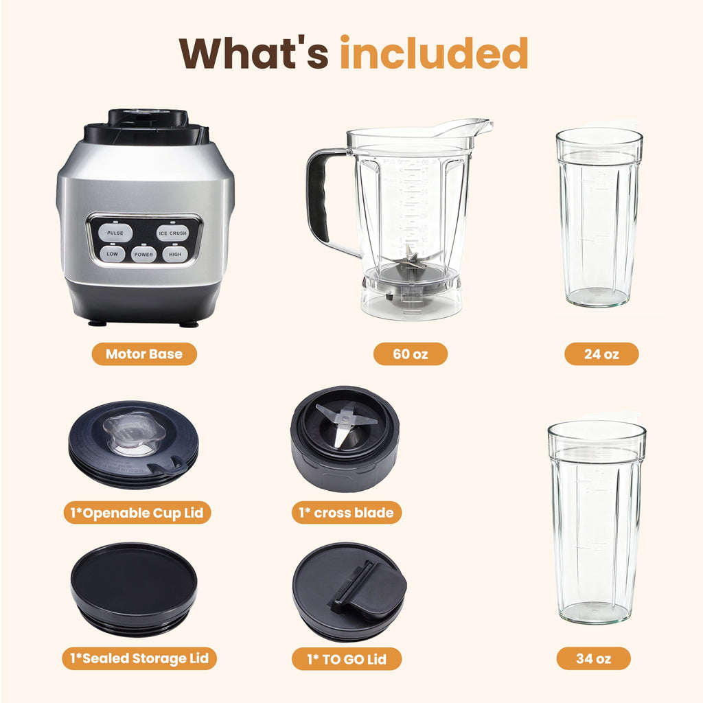 1L Stainless Steel Blender 800W 120V 60Hz Silver with 3 PCTG Cups(1L/0.7L/0.5L), 1 Travel Lid, 2 Storage Lids &amp; 1 Blending Blade