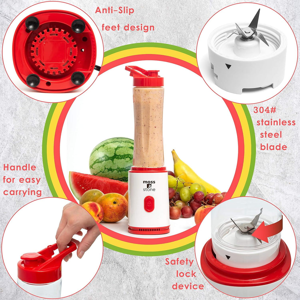 Moss &amp; Stone Personal Blender Single Serve Shake &amp; Smoothies Maker with Portable Travel Sport Bottle - Mini Juicer, White &amp; Black Single Serve Blender for Smoothies and Shakes - Bottle 20 oz
