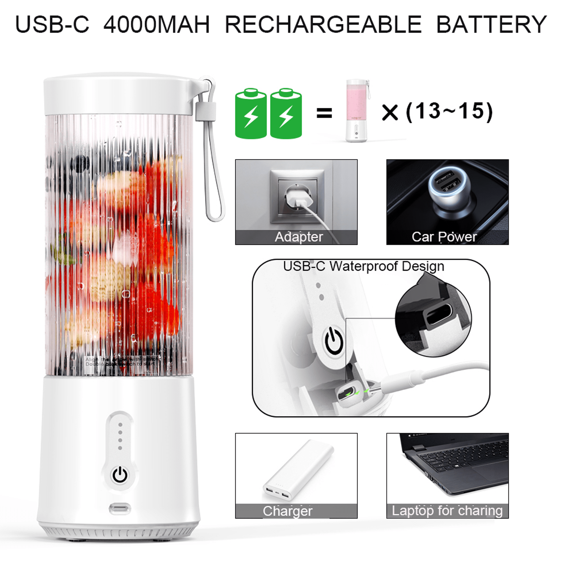 Portable Blender, Personal USB Rechargeable Blender for Shakes and Smoothies, Strong Cutting Power with 6 Blades, Traveling Fruit Veggie Juicer Cup for Home, Sport, Office, Camping,15 oz