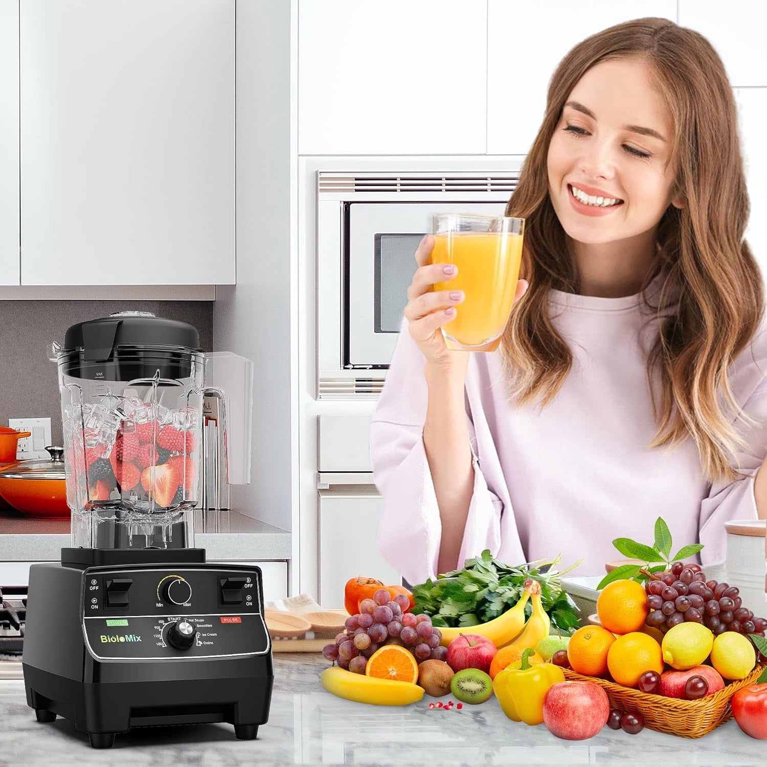 Professional Smoothie Blender Countertop Commercial Blender 2200W High Power with 68oz Pitcher Smart Timer Blenders for Kitchen for Smoothies Ice Soup Fish Dessert With 1 Juice Glass