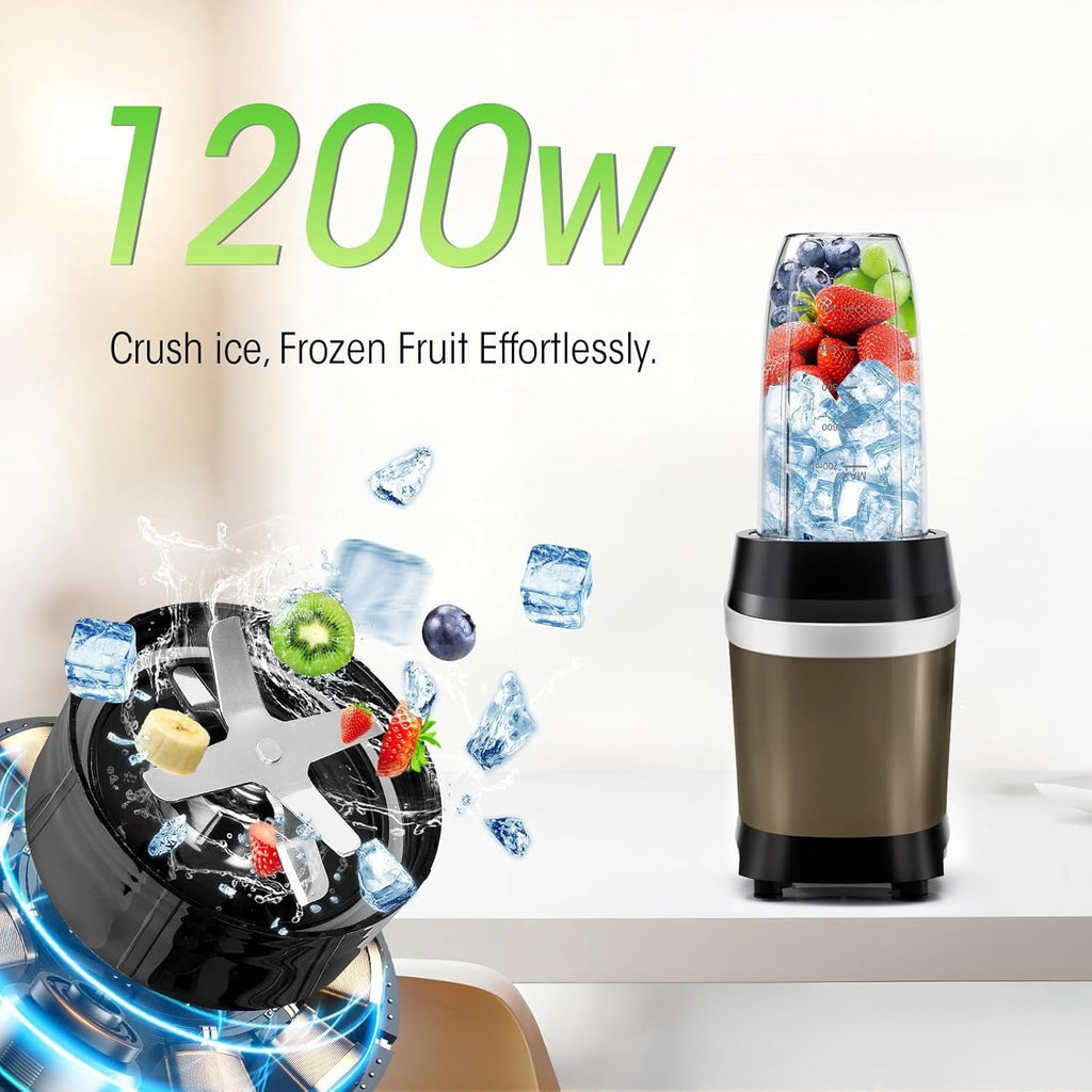 Blender for Smoothies, 1200W Smoothie Blender for Ices Crushing, Blenders with (2) 6-Fin , Personal Blenders for Kitchen with 23oz, 32oz, 37oz Easy Go Cups for Juices, 1200W, Brown