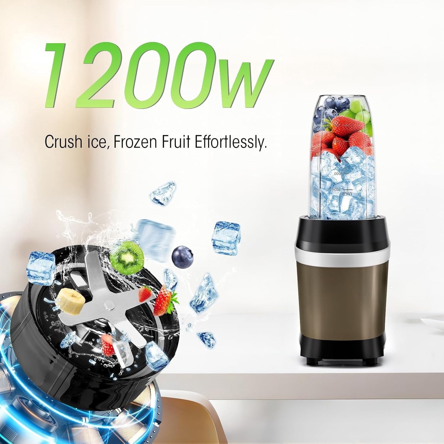 Blender for Smoothies, 1200W Smoothie Blender for Ices Crushing, Blenders with (2) 6-Fin , Personal Blenders for Kitchen with 23oz, 32oz, 37oz Easy Go Cups for Juices, 1200W, Brown