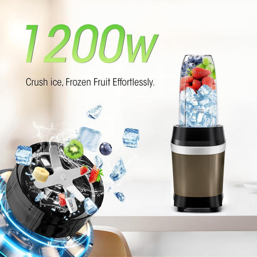 Blender for Smoothies, 1200W Smoothie Blender for Ices Crushing, Blenders with (2) 6-Fin , Personal Blenders for Kitchen with 23oz, 32oz, 37oz Easy Go Cups for Juices, 1200W, Brown