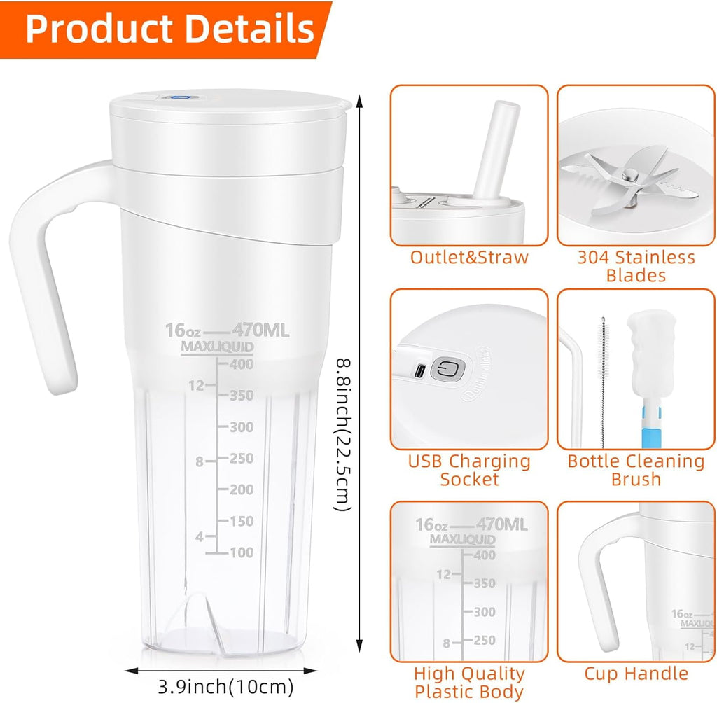 Self-Cleaning Blender - Powerful and Portable Smoothie Maker - 16 Oz Capacity, Magnetic Switch, Rechargeable Battery - Make Healthy Smoothies On the Go