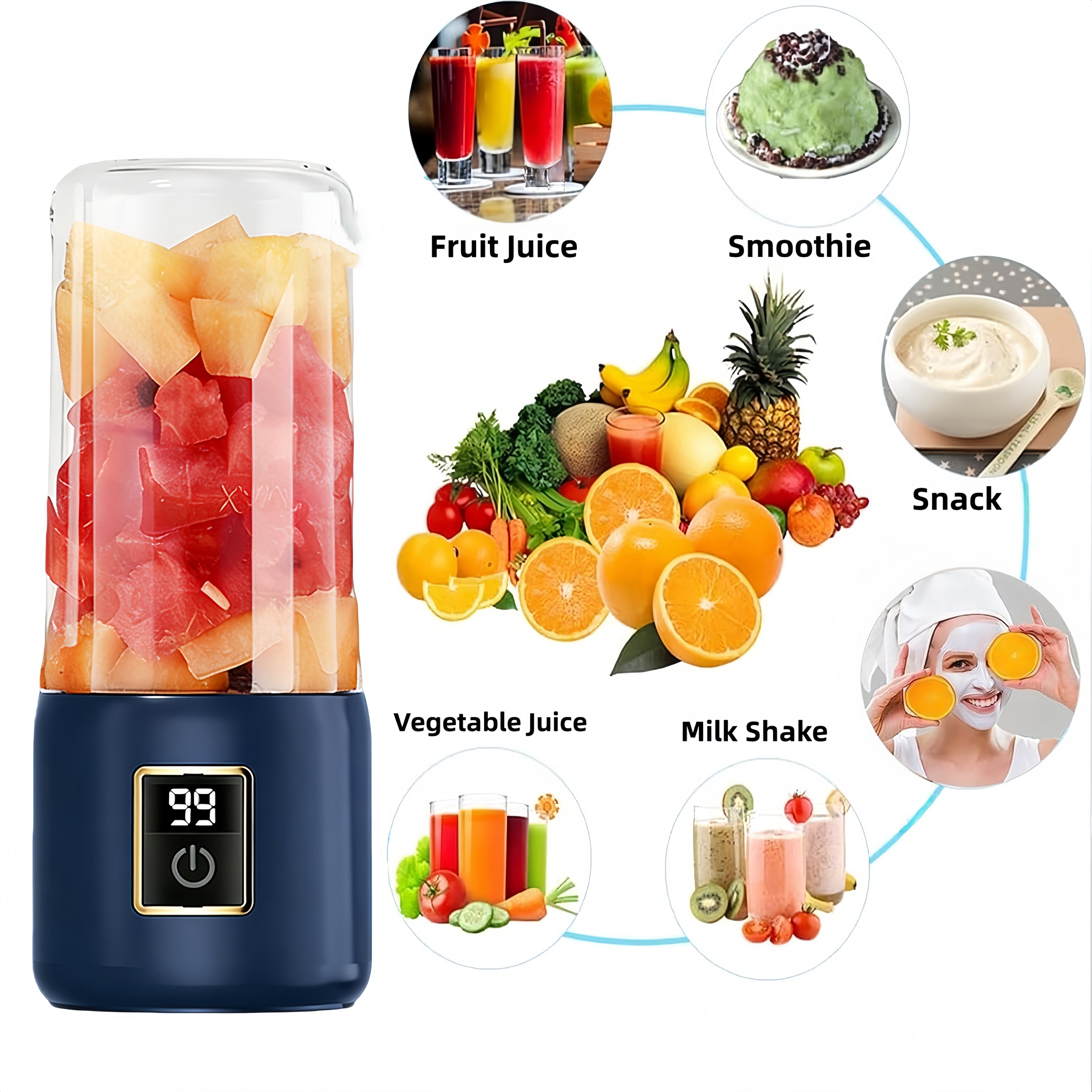 Portable Blender, Personal Mini Blender for Shakes and Smoothies, USB Rechargeable with 12 Blade and 2 Cups, Ideal for Travel, Home and Office, 500ML, Blue
