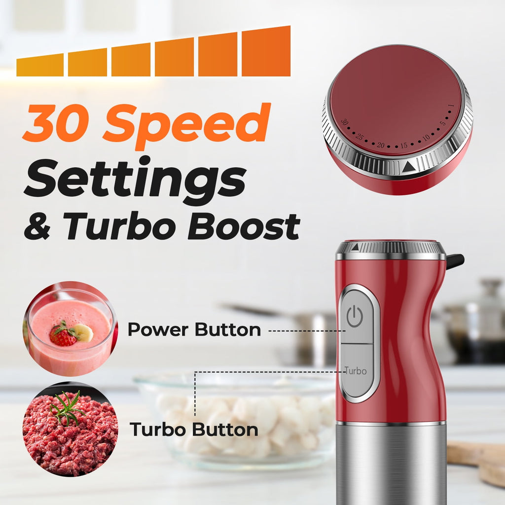 1100W Immersion Blender Handheld Hand Blender , Trigger Variable Speed 5 in 1 Stick Blender, Emulsion Blender with Chopper, Whisk and Frother for Soup, Baby Food and Smoothies,Red