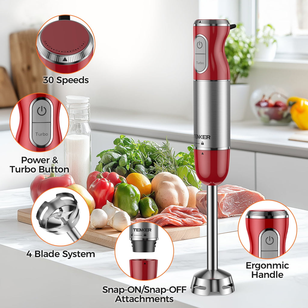 1100W Immersion Blender Handheld Hand Blender , Trigger Variable Speed 5 in 1 Stick Blender, Emulsion Blender with Chopper, Whisk and Frother for Soup, Baby Food and Smoothies,Red