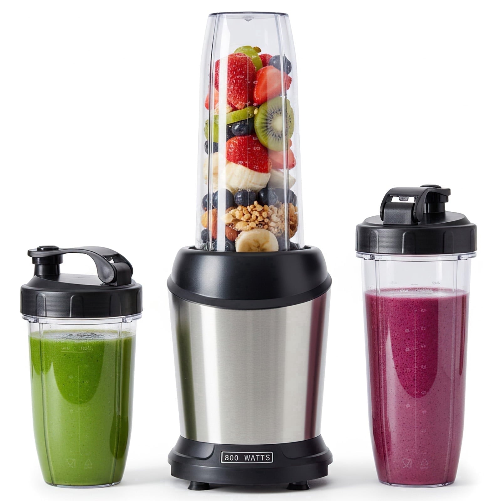 1L Stainless Steel Blender 800W 120V 60Hz Silver with 3 PCTG Cups(1L/0.7L/0.5L), 1 Travel Lid, 2 Storage Lids &amp; 1 Blending Blade