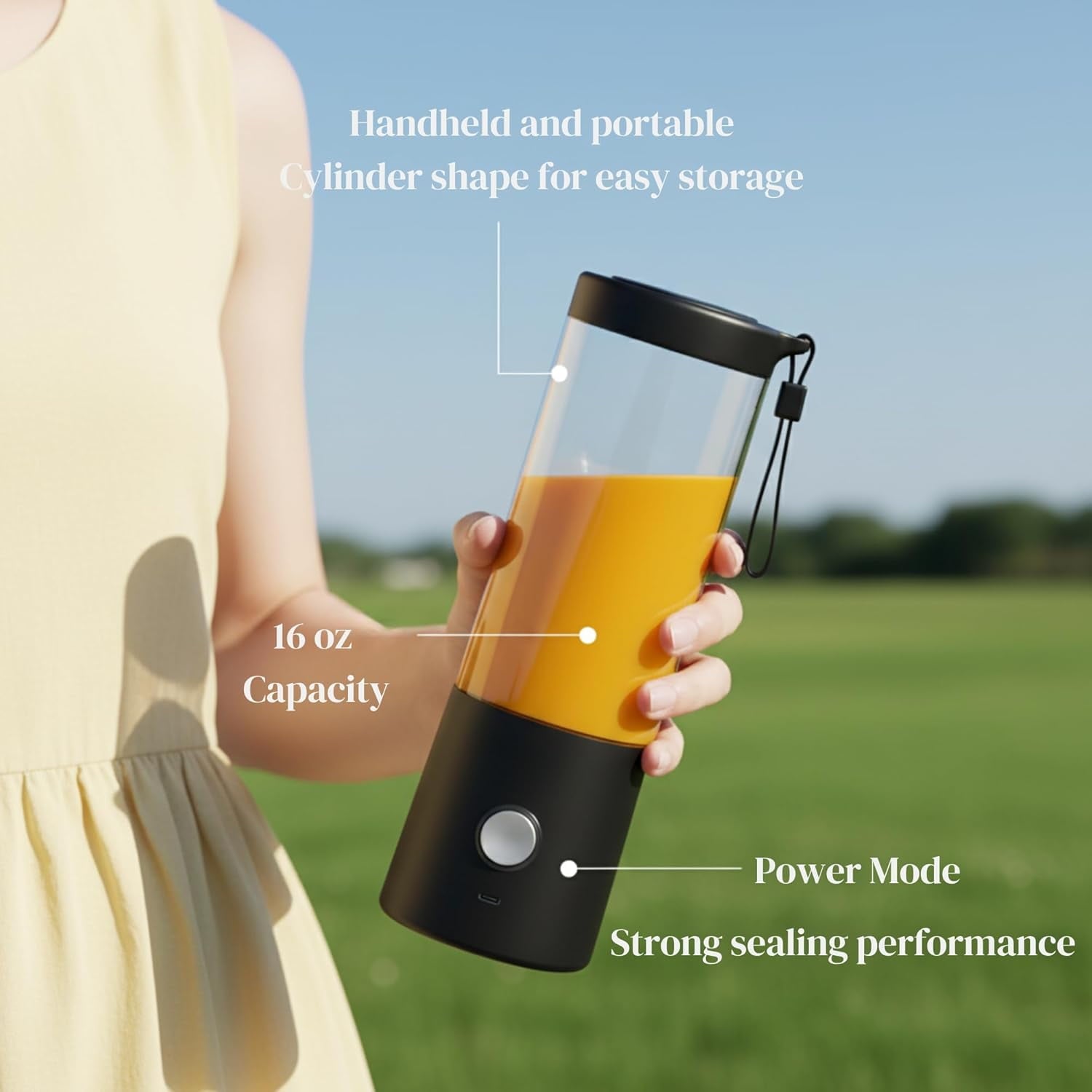 Portable Blender for Smoothies &amp; Shakes – 16oz Mini Personal Blender Bottle, USB-C Rechargeable &amp; Self-Cleaning – Black – Perfect Holiday Gift