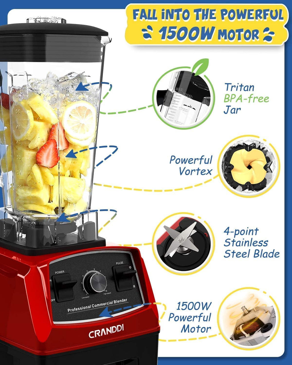 Professional Blender,1500 Watt Commercial Blenders for Kitchen with 70oz Capacity and Self-Cleaning, Classic Blenders for Shakes and Smoothies, Build-in Pulse, YL-010-R