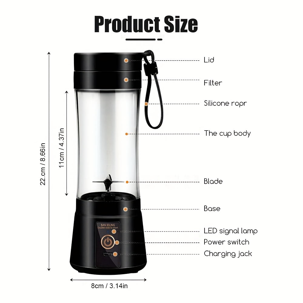 [12.85/15.22 ounce rechargeable Mini Blender] Portable USB rechargeable mini Blender and juicer - 3 modes, digital display, safety lock, food-grade PP, easy to clean, ideal choice for travel