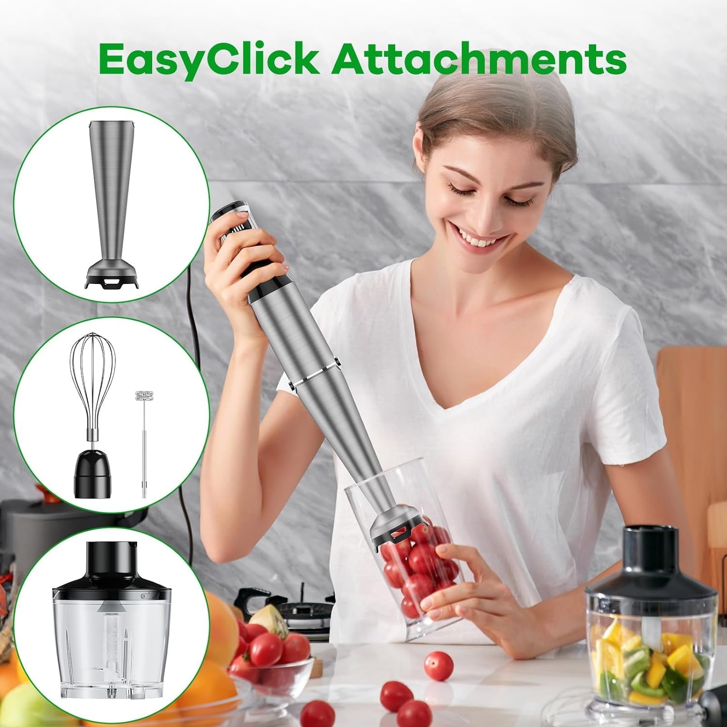 Immersion Blender, 1100W 5-in-1 Hand Blender, Multi-Speed with 600ml Beaker, Chopper, Whisk &amp; Milk Frother, Ideal for Soup, Baby Food, Sauces, Smoothies &amp; Puree