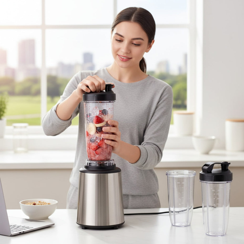 1L Stainless Steel Blender 800W 120V 60Hz Silver with 3 PCTG Cups(1L/0.7L/0.5L), 1 Travel Lid, 2 Storage Lids &amp; 1 Blending Blade