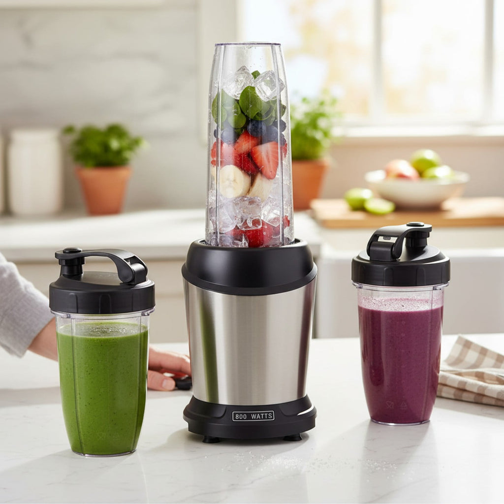 1L Stainless Steel Blender 800W 120V 60Hz Silver with 3 PCTG Cups(1L/0.7L/0.5L), 1 Travel Lid, 2 Storage Lids &amp; 1 Blending Blade