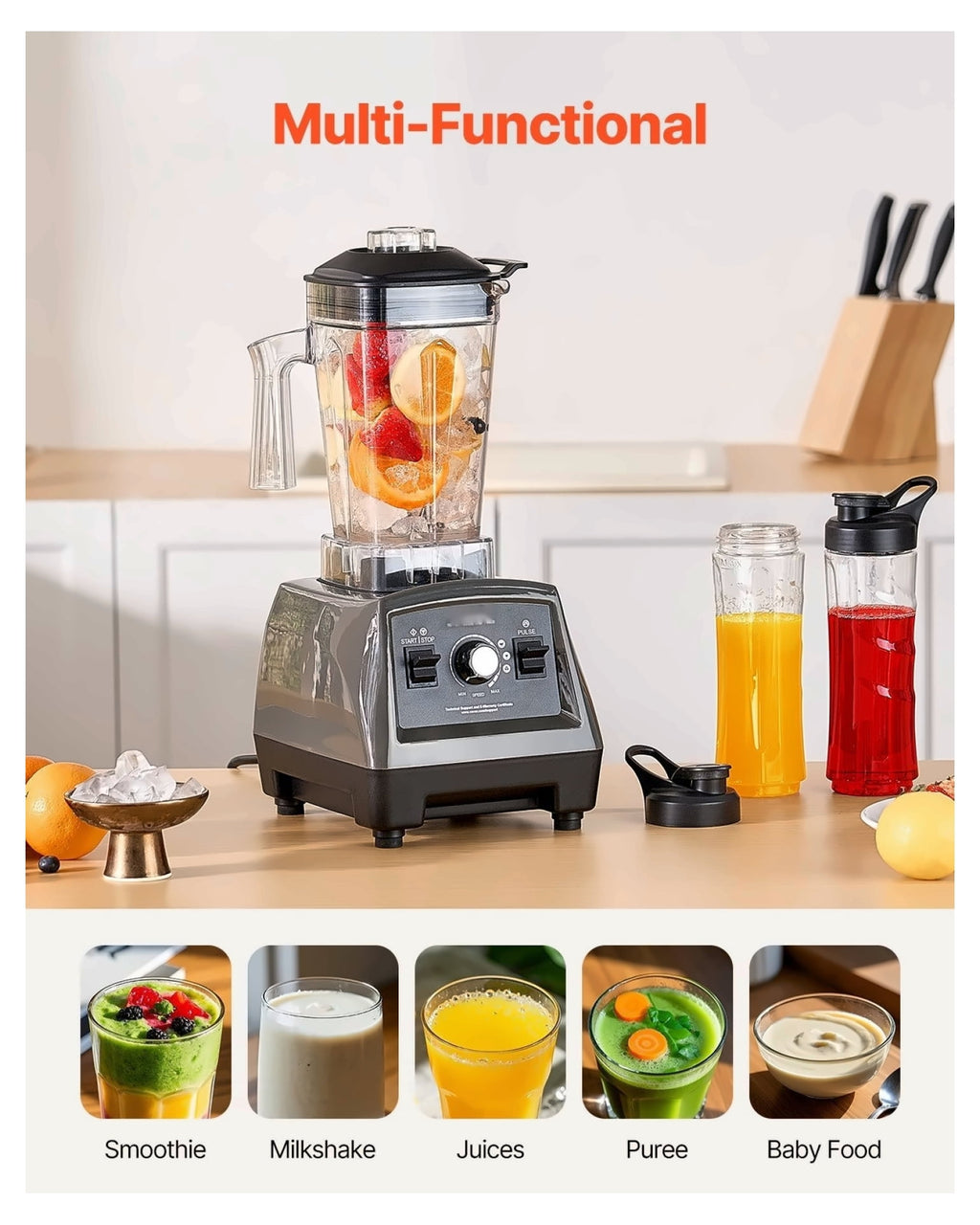Blender for Smoothies, 61 oz 1400W, Professional Blender with Powerful Motor, Multi-Functional Food Processing Blender with 2 Cups for Smoothie/Milkshake/Juice, Fits for Kitchen